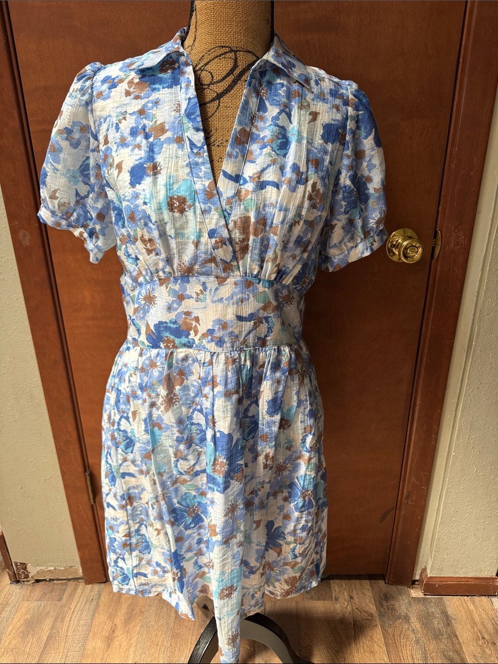 Jane Delancey -Floral Blue and Brown V-Neck Women's Dress
